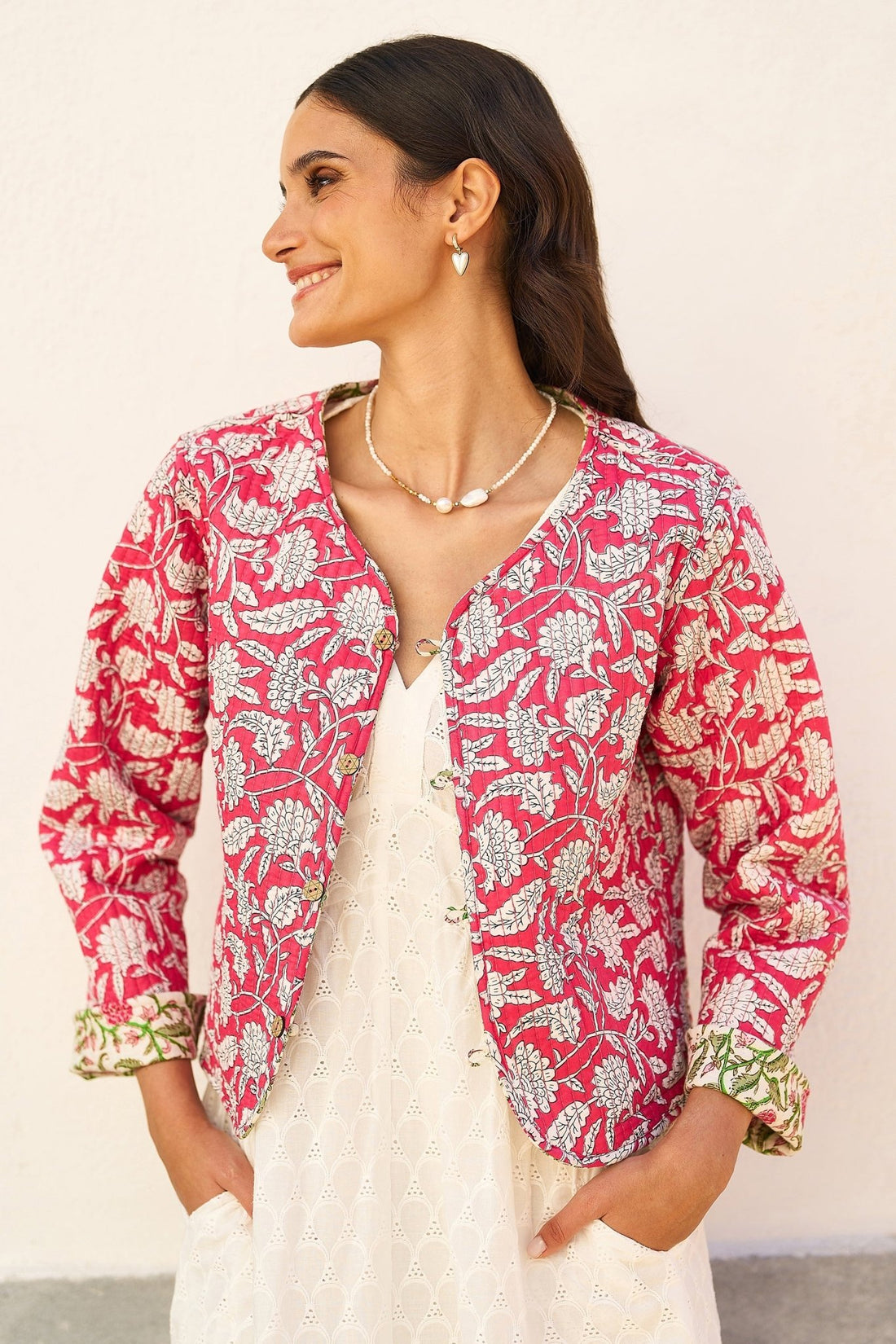 Yumi Pink Floral Reversible Cotton Quilted Jacket - Tucan Trading