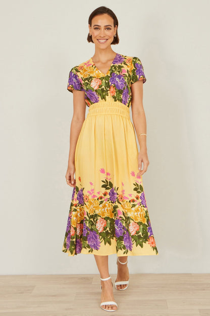 Yumi Butter Yellow Floral Mirror Print Viscose Midi Dress - Tucan Trading