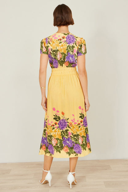 Yumi Butter Yellow Floral Mirror Print Viscose Midi Dress - Tucan Trading
