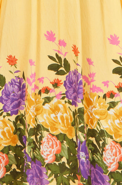 Yumi Butter Yellow Floral Mirror Print Viscose Midi Dress - Tucan Trading