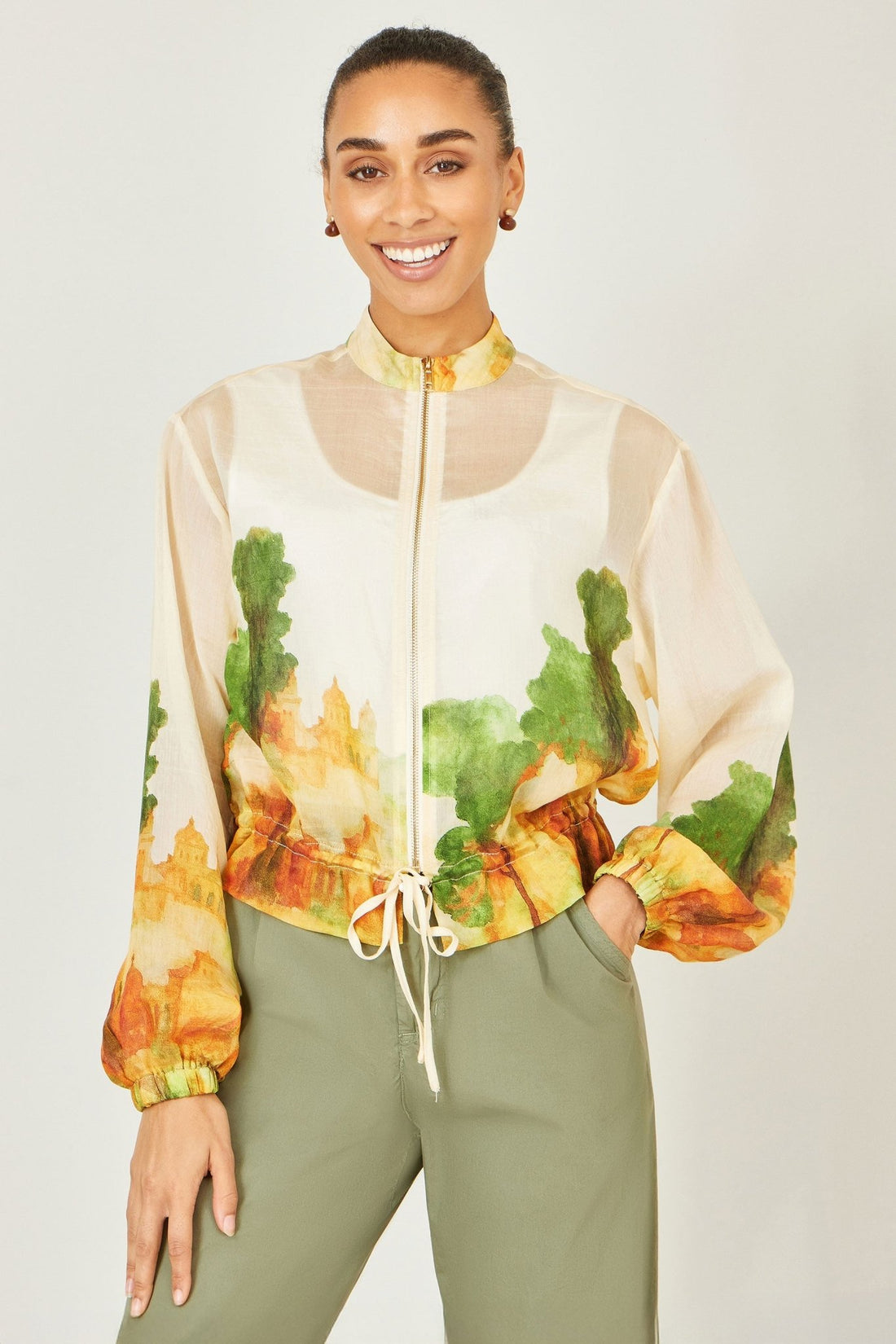 Yumi Beige Printed Lightweight Modal Bomber Jacket - Tucan Trading