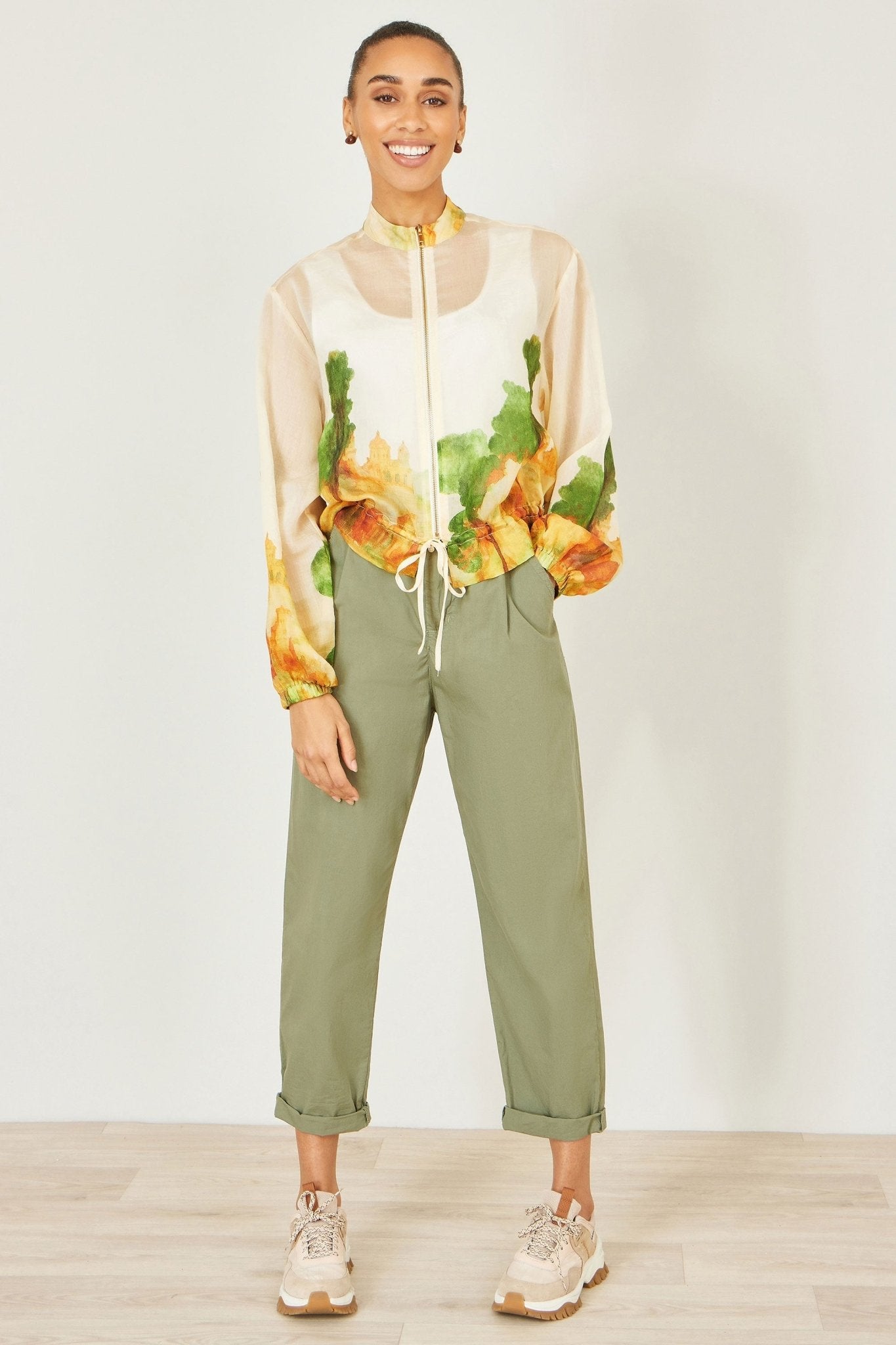 Yumi Beige Printed Lightweight Modal Bomber Jacket - Tucan Trading