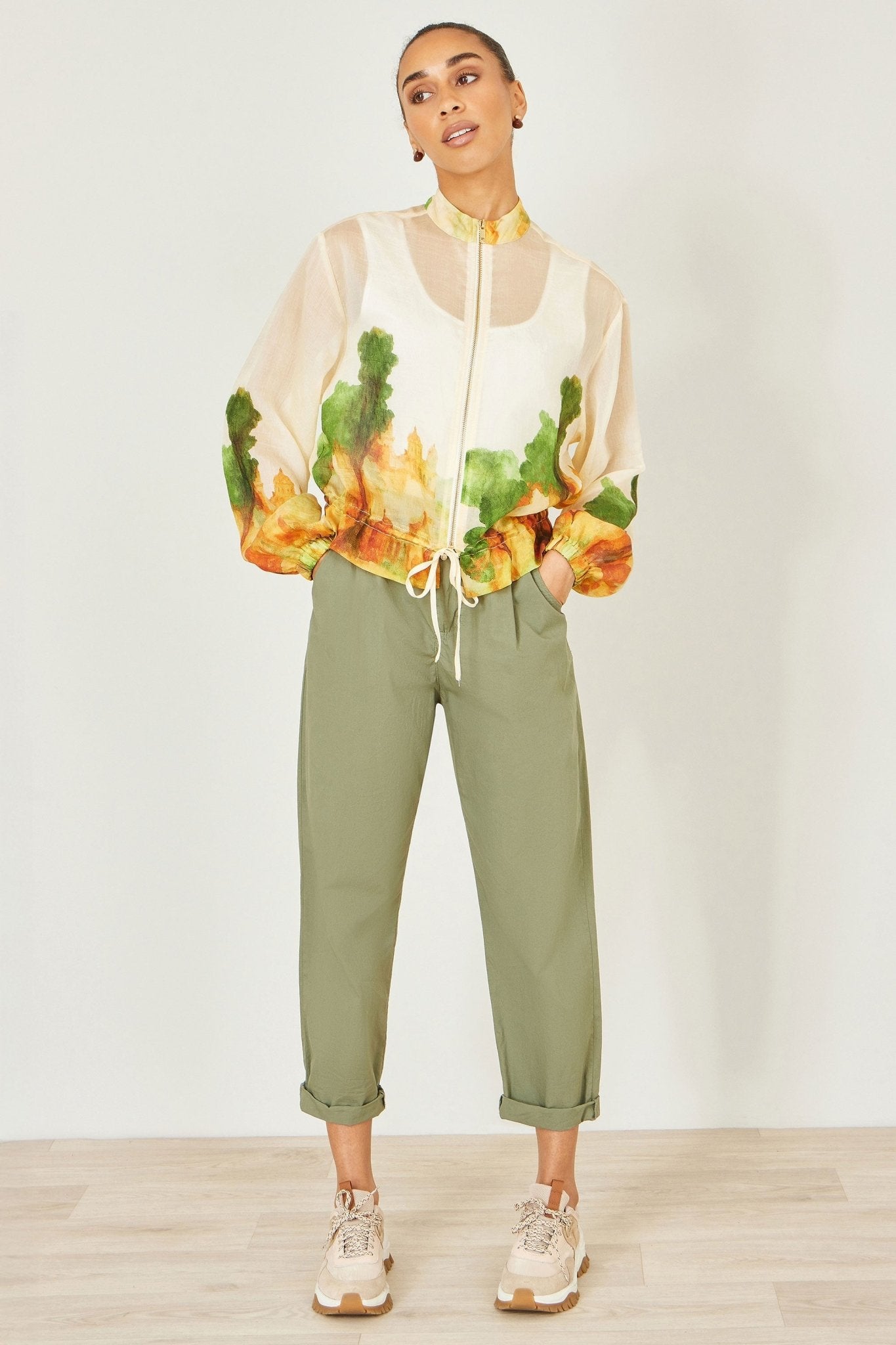Yumi Beige Printed Lightweight Modal Bomber Jacket - Tucan Trading