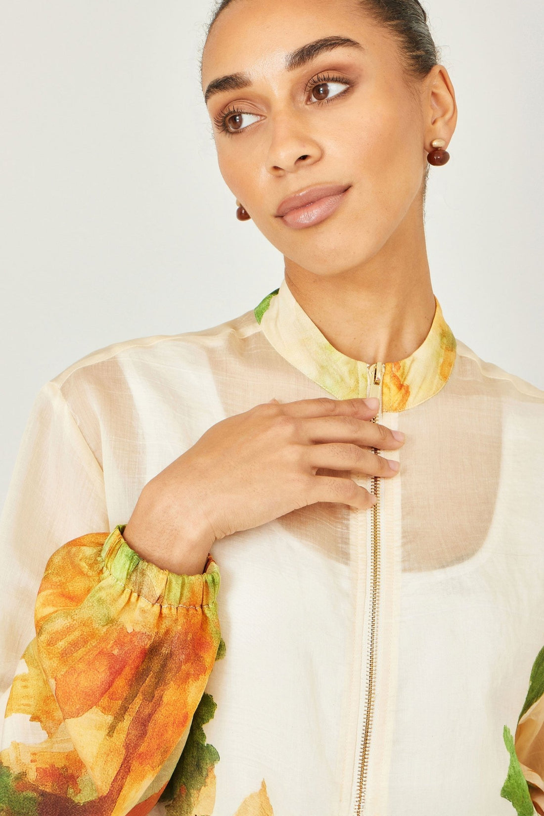 Yumi Beige Printed Lightweight Modal Bomber Jacket - Tucan Trading