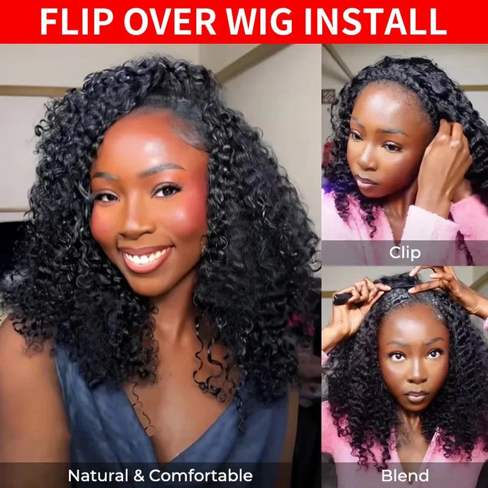 urmese Curly Human Hair 3-in-1 Half Wig