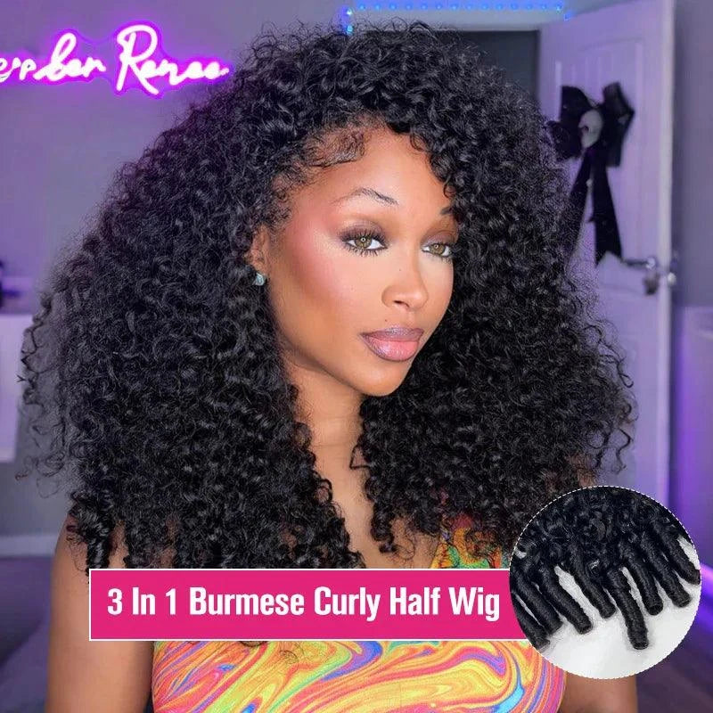 urmese Curly Human Hair 3-in-1 Half Wig