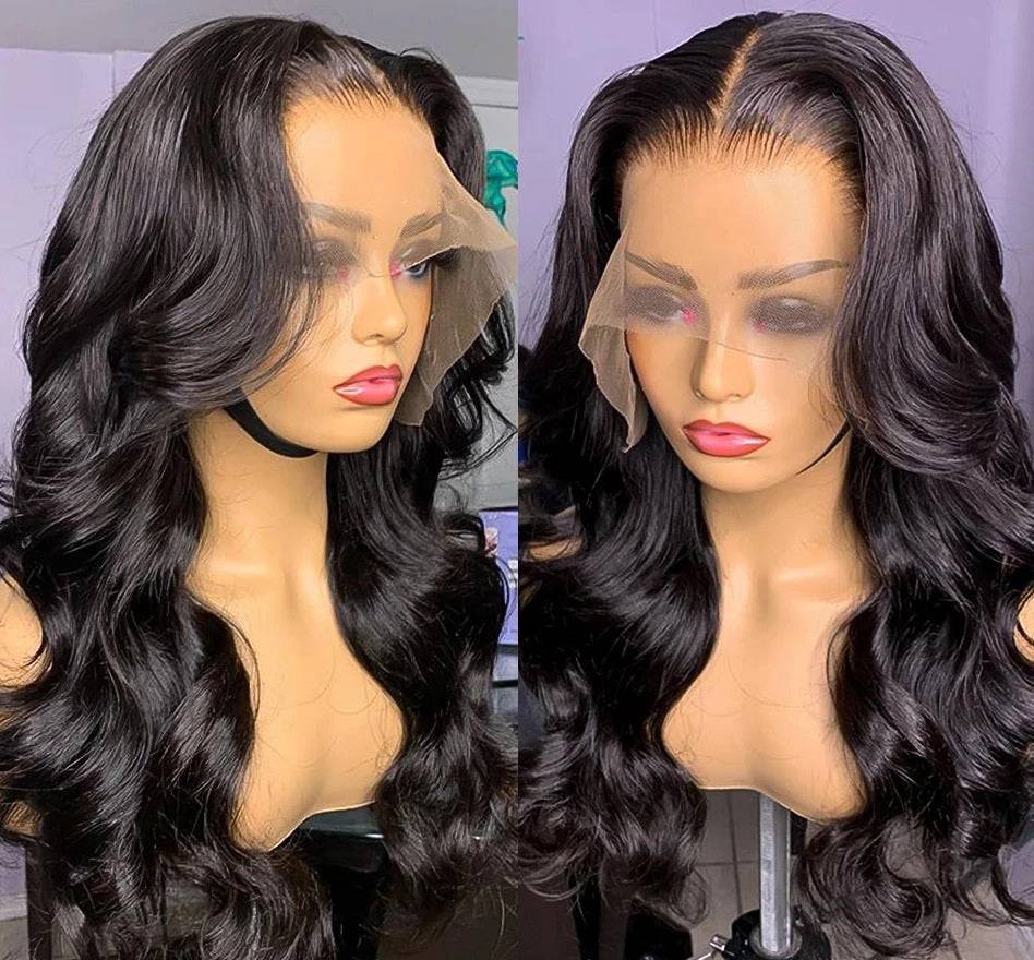 Black woman wearing medium length Body Wave Lace Front Wig with natural soft waves and lace front hairline