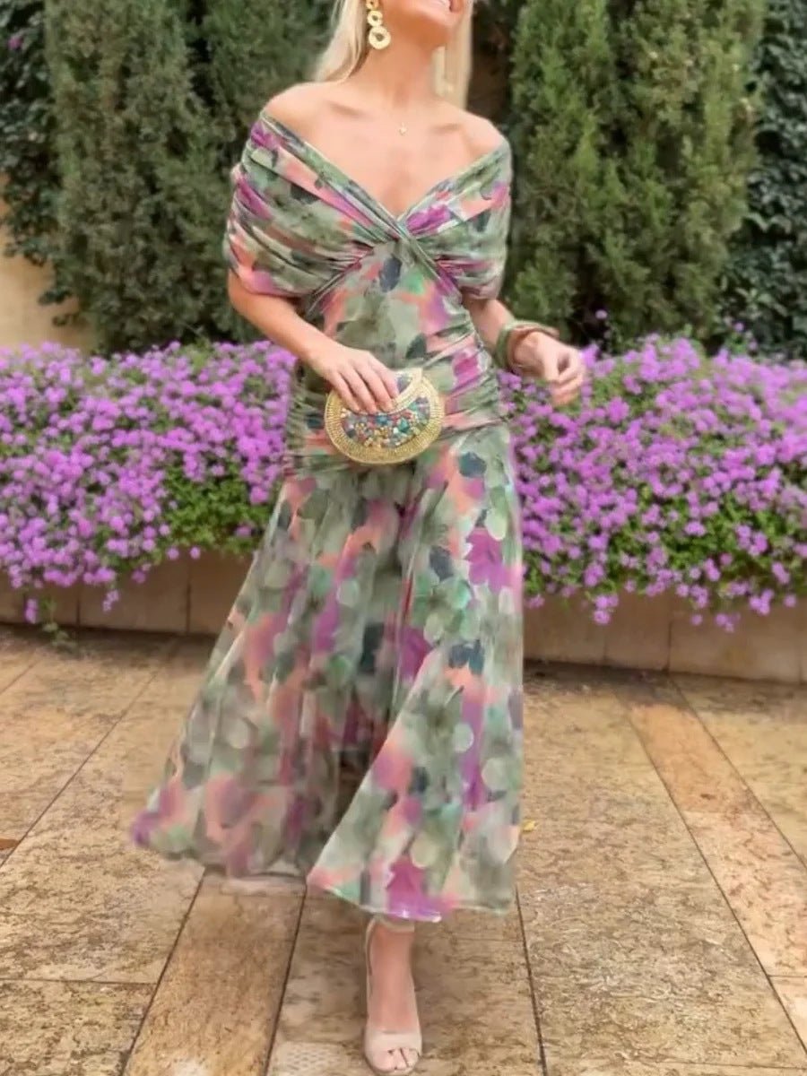 Chiffon Short - sleeved Summer V - neck Long Dress - Tucan Trading